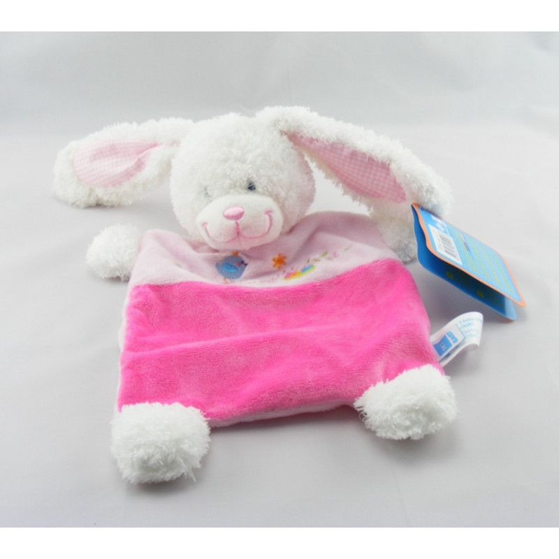 Doudou plat lapin rose foulard vert oiseau TEX NEUF