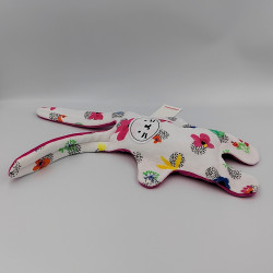 Doudou plat lapin blanc rose fleurs double face CATIMINI
