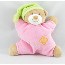 Doudou semi plat ours rose bonnet vert coeur NATTOU