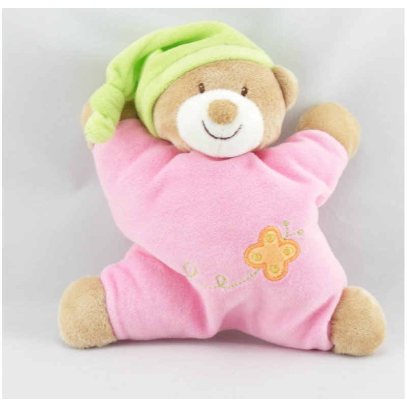 Doudou semi plat ours rose bonnet vert coeur NATTOU