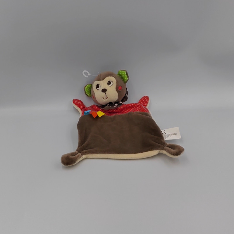 Doudou plat singe marron rouge vert pois NICOTOY