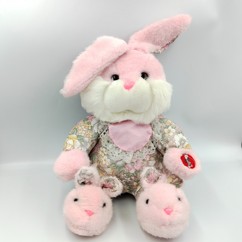 Ancienne peluche lapin rose fleurs chaussons VNK