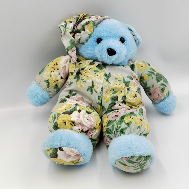 Ancienne peluche ours bleu fleurs