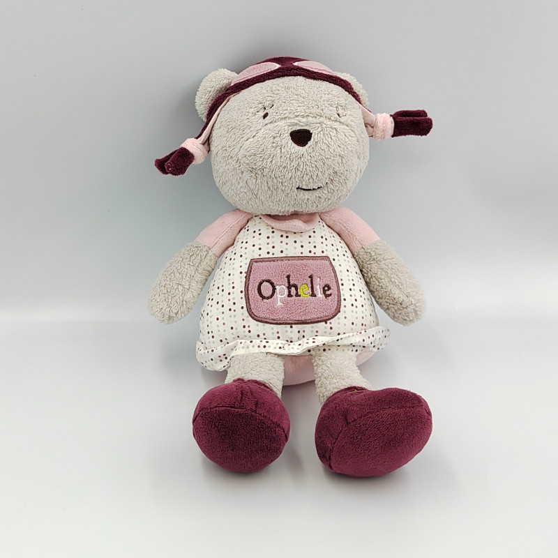 Doudou ours aviateur gris rose bordeaux Ophelie SAUTHON