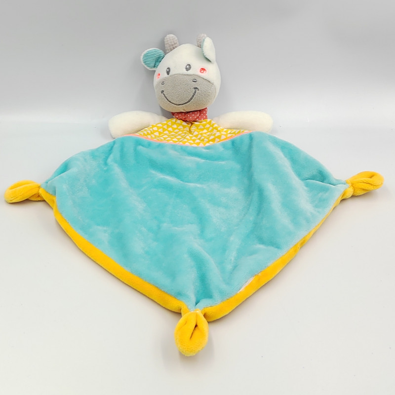 Doudou plat vache bleu jaune gris blanc MOTS D'ENFANTS