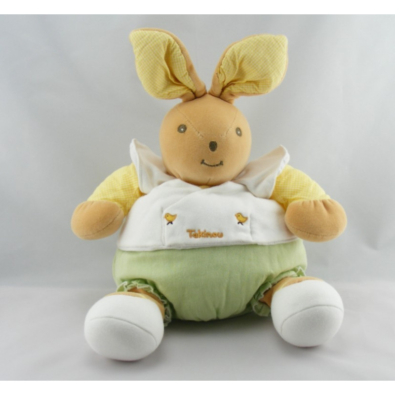 Doudou plat lapin blanc vert oiseau brodé TAKINOU 