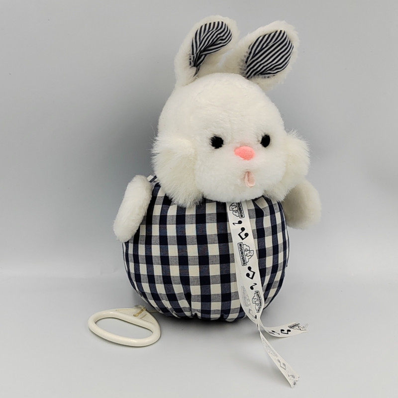 Doudou musical lapin blanc bleu carreaux NOUNOURS