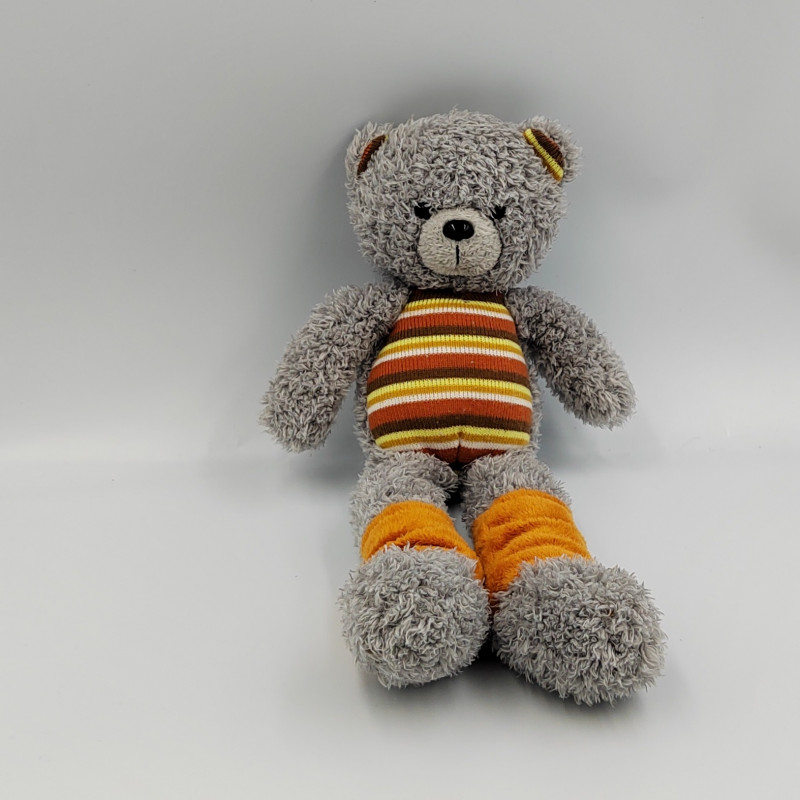 Doudou ours gris orange marron rayé TCF TOUT COMPTE FAIT