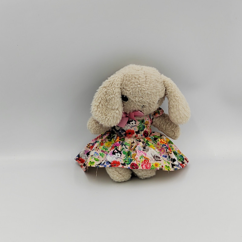 Doudou lapin beige rose robe fleurs papillons