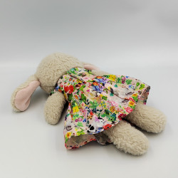Doudou lapin beige rose robe fleurs papillons