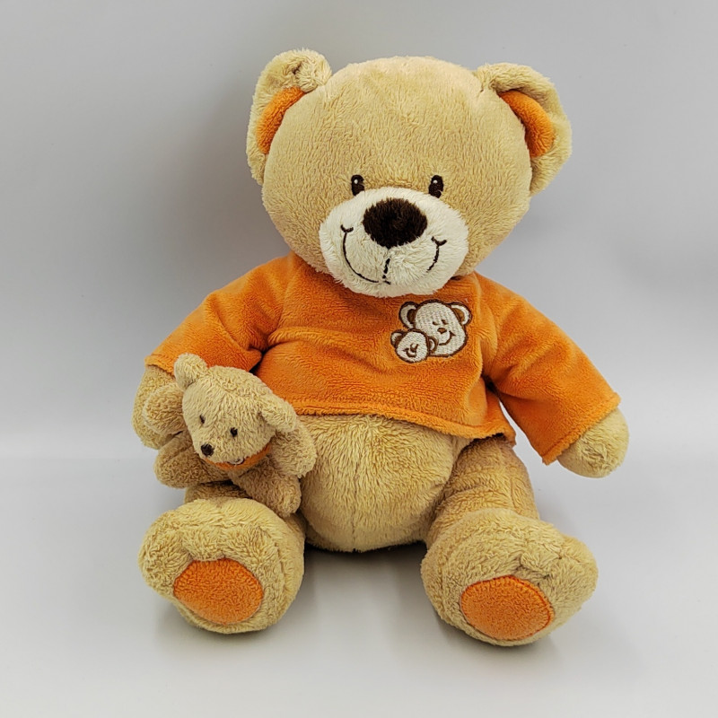 Doudou ours beige orange avec petit ourson NICOTOY