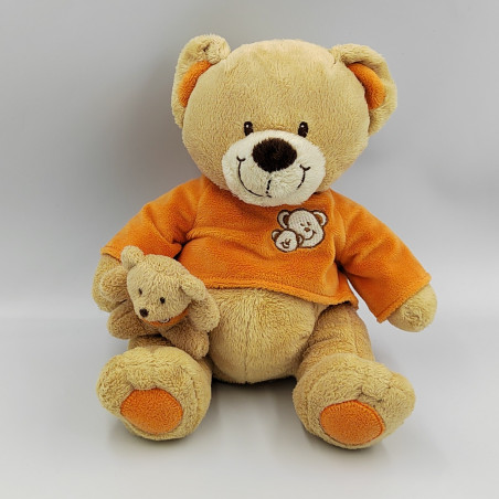 Doudou ours beige orange avec petit ourson NICOTOY