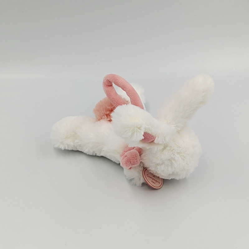 Doudou et compagnie attache tétine lapin blanc rose tout doux Pompon corail