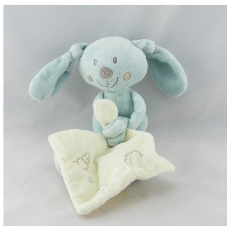 Doudou lapin bleu avec mouchoir ABC POMMETTE