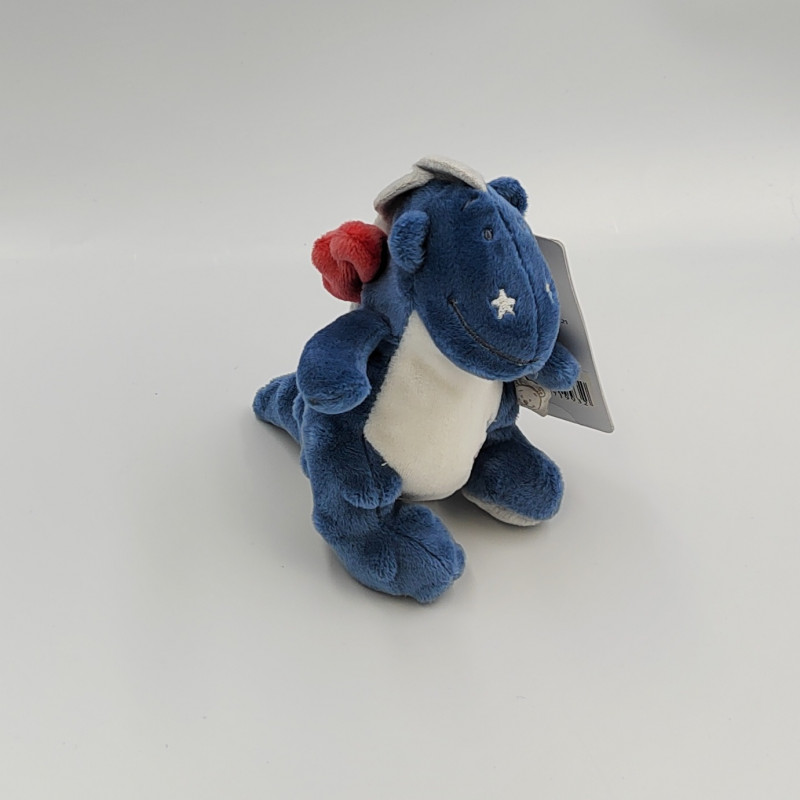 Mini doudou dragon bleu blanc gris rouge étoiles Victor