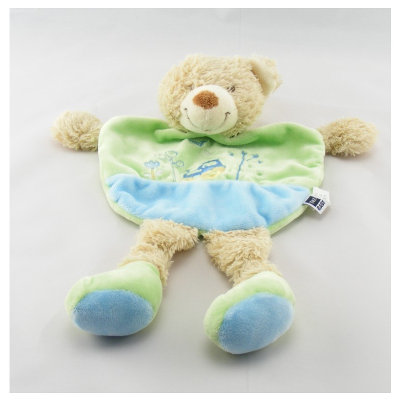 Doudou plat ours bleu vert tracteur TEX BABY