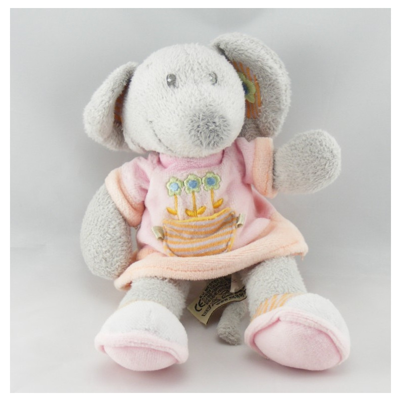 Doudou souris grise robe rose fleurs VETIR