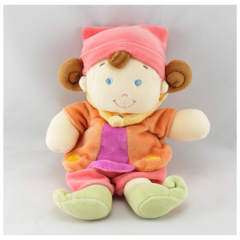 Doudou musical lutin fille arlequin rose orange NICOTOY