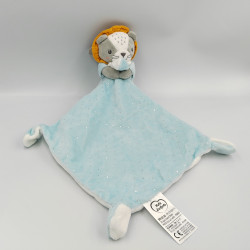 Doudou lion bleu gris orange mouchoir MOTS D'ENFANTS