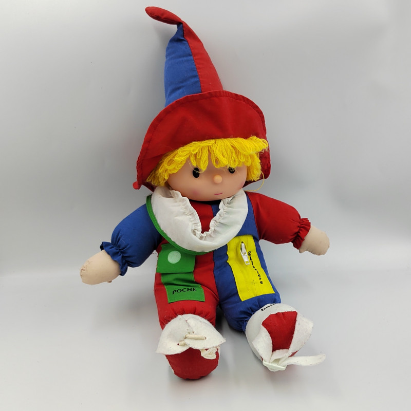 Ancienne peluche poupée clown bleu rouge jaune vert lacet boucle Vintage