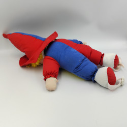 Ancienne peluche poupée clown bleu rouge jaune vert lacet boucle Vintage