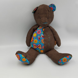 Doudou peluche ours marron bleu fleurs papillons Swan JOAIDI