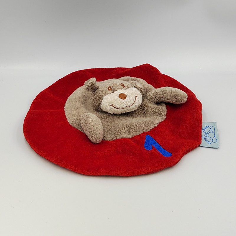 Doudou plat rond chien marron rouge KING BEAR