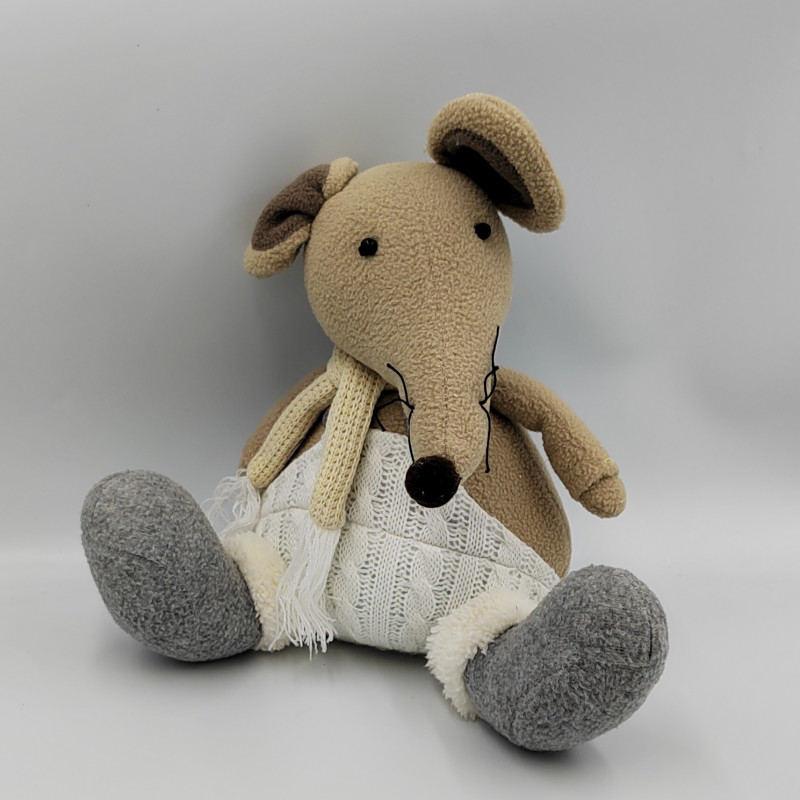 Peluche souris beige gris blanc salopette laine lestée