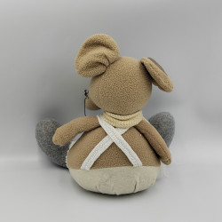 Peluche souris beige gris blanc salopette laine lestée