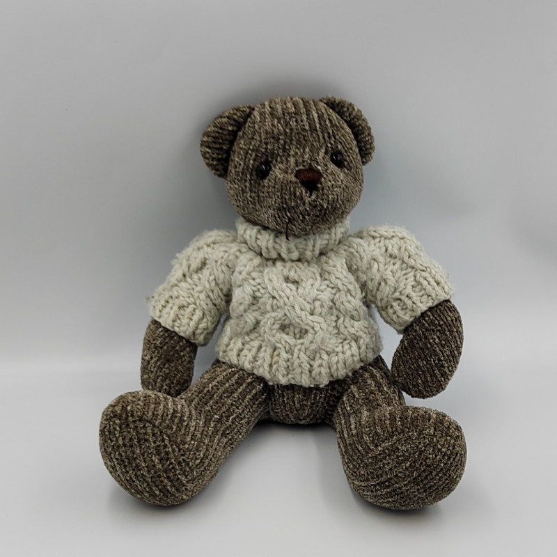 Peluche ours gris marron pull laine blanc 