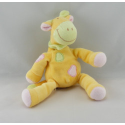 Doudou plat marionnette vache girafe jaune rose TEX 
