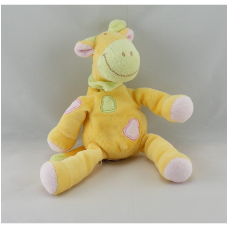 Doudou plat marionnette vache girafe jaune rose TEX 