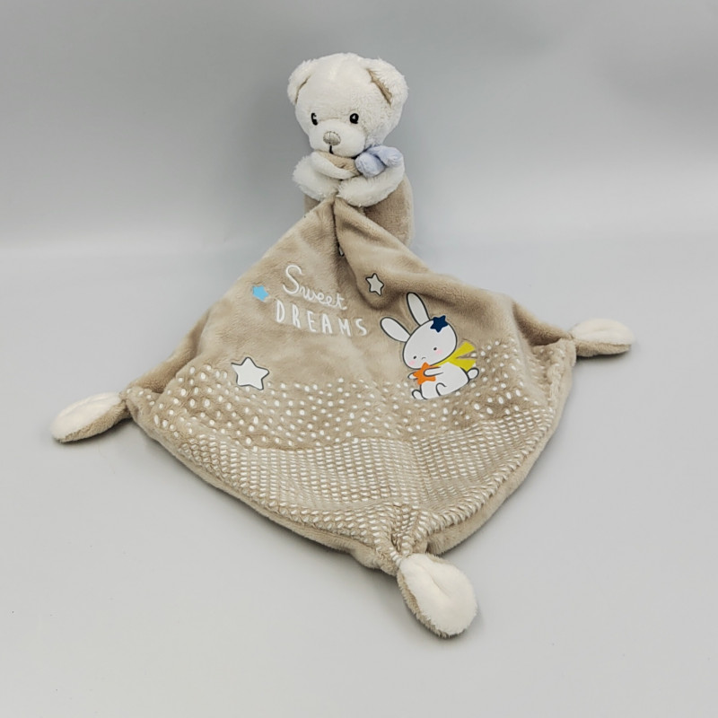 DOUDOU OURS BLANC BEIGE GRIS SWEET DREAMS MOUCHOIR MOTS D'ENFANTS