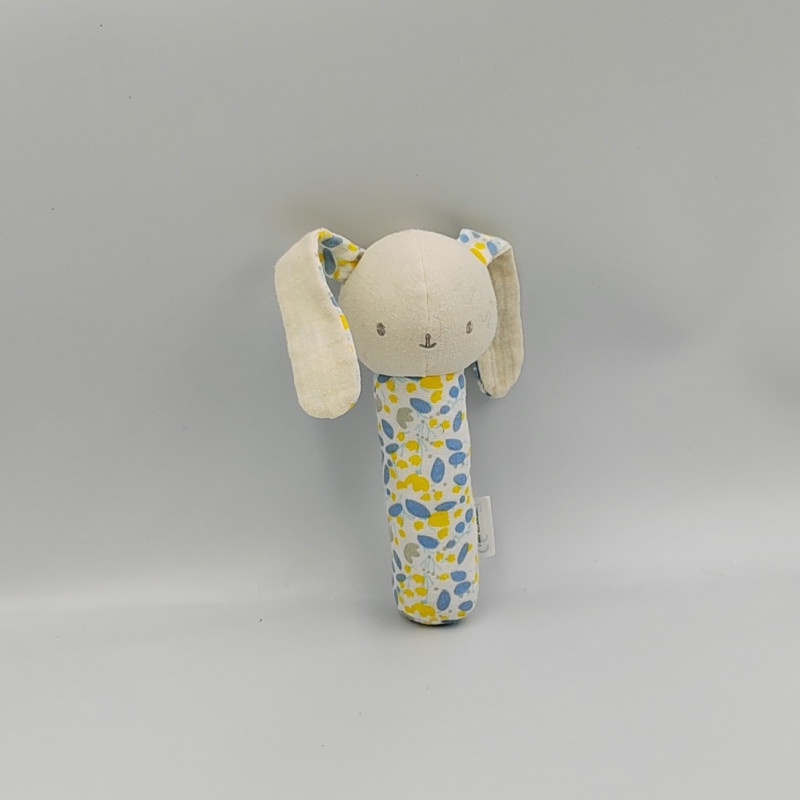 Doudou baton lapin blanc écru bleu jaune tissu KLORANE BOTANIQUE