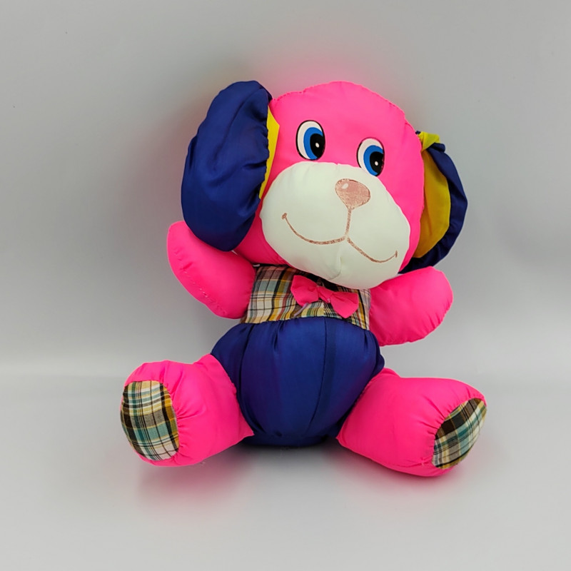 Peluche Puffalump chien rose fluo jaune bleu carreaux