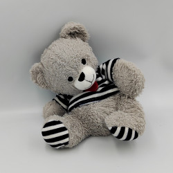 Doudou peluche ours grils pull rayé coeur rouge FRANCOISE SAGET