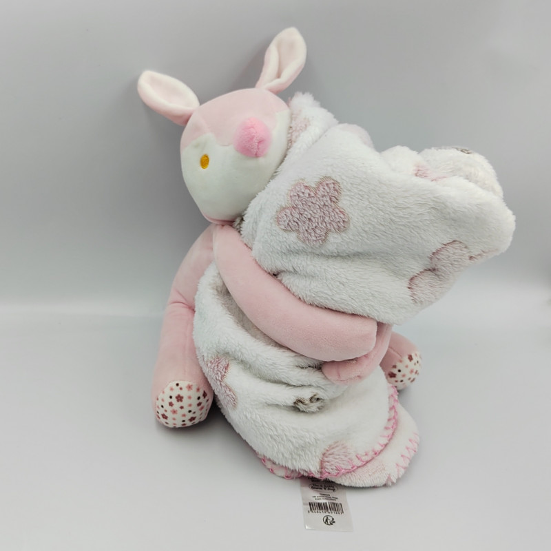 Doudou biche rose blanche fleurs couverture plaid TOM & KIDDY TOMKIDS