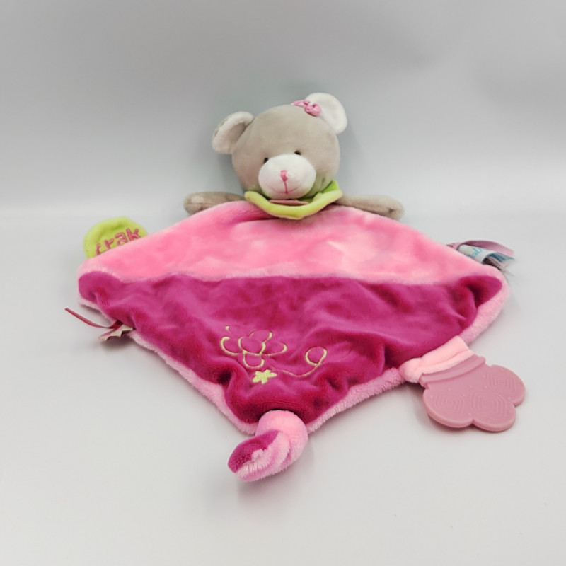 Doudou plat ours rose vert fleur BABY NAT