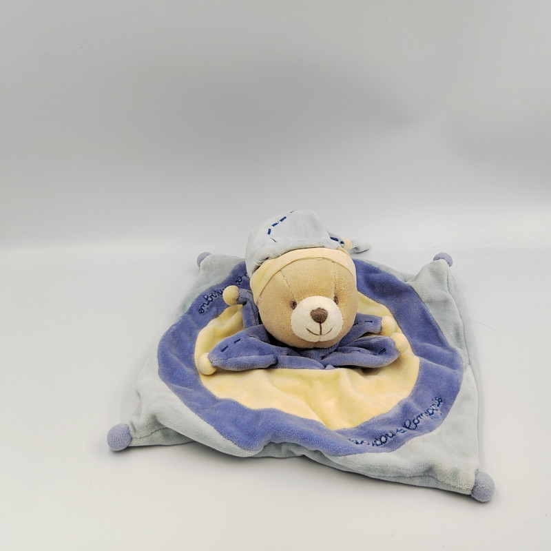 Doudou plat ours Léo bleu jaune DOUDOU ET COMPAGNIE