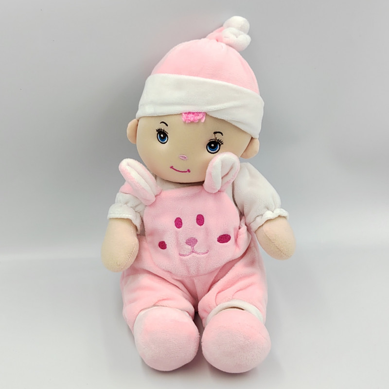 Doudou peluche bébé poupée salopette rose SANDY