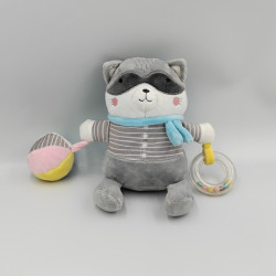 Doudou raton laveur gris bleu blanc hochet MOTS D'ENFANTS