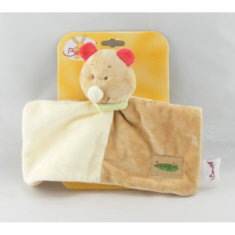 Doudou plat rhinocéros beige rouge foulard vert BENGY