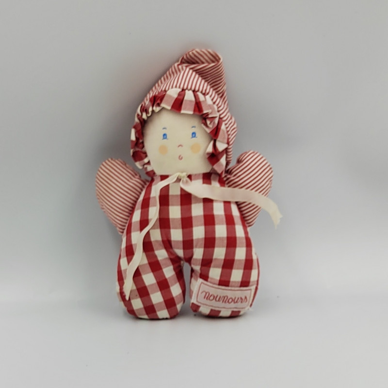 Petit doudou lutin poupée rouge carreaux NOUNOURS