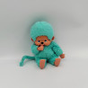 Ancienne Peluche Singe Kiki bleu vert AJENA