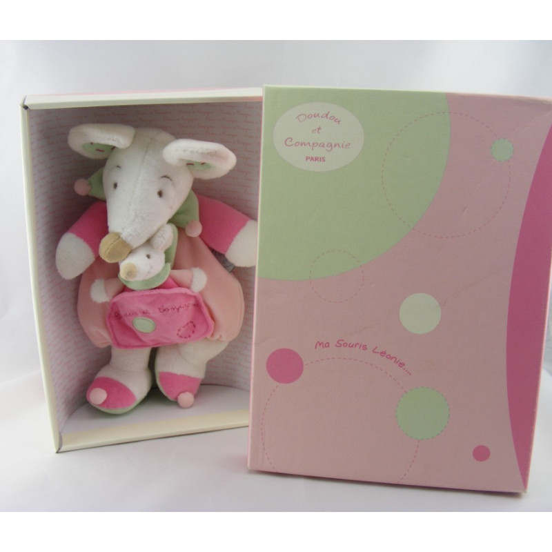 Doudou et compagnie semi plat souris rose Léonie avec bébé