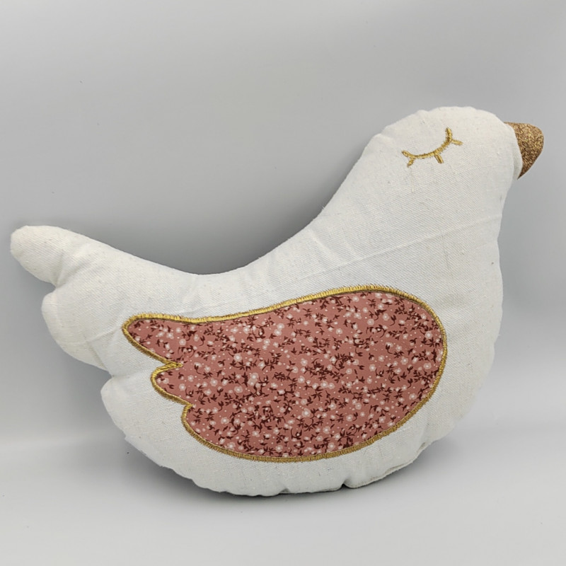 Doudou coussin oiseau poule blanche rose ATMOSPHERA