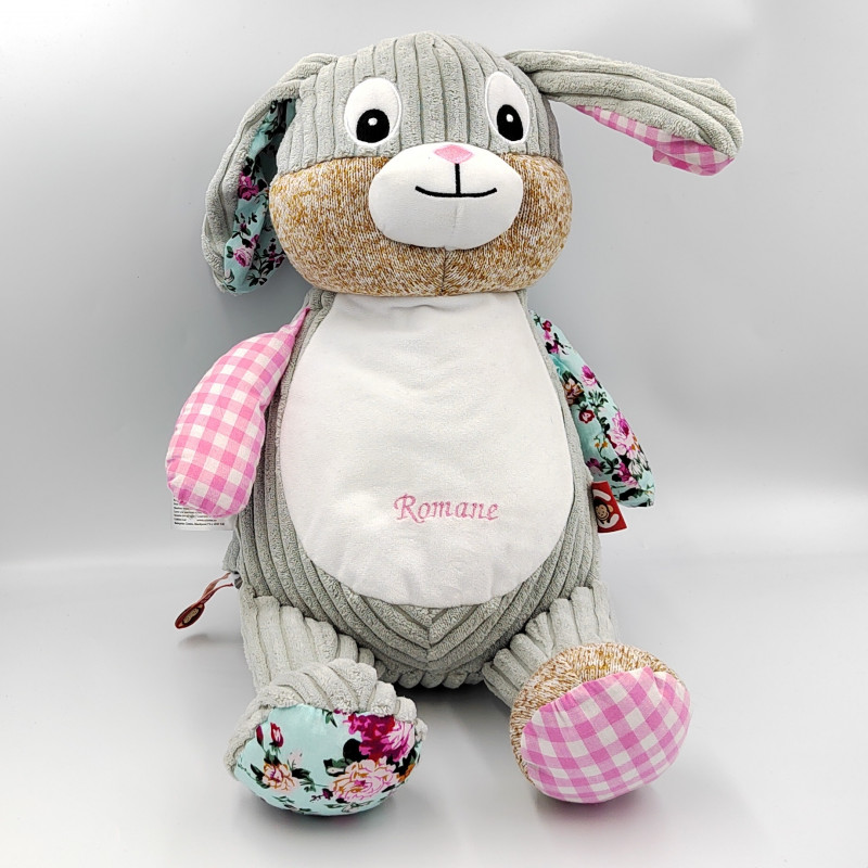 Peluche range pyjama lapin gris rose blanc bleu fleurs CUBBIES