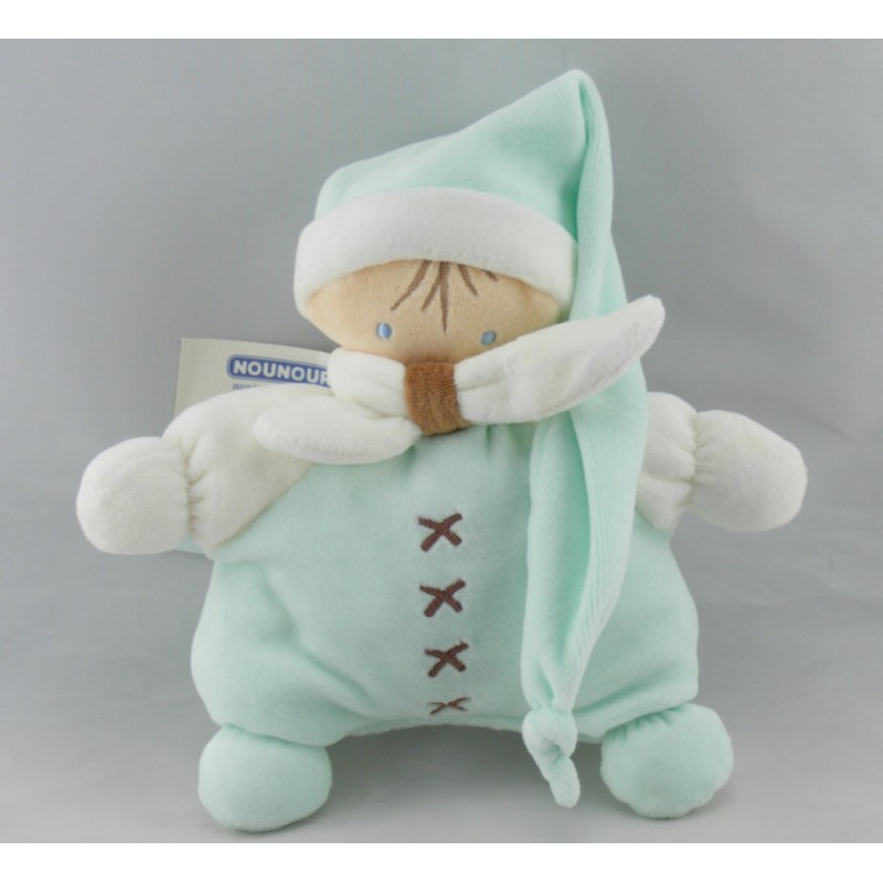 Doudou semi plat lutin blanc bonnet bleu NOUNOURS