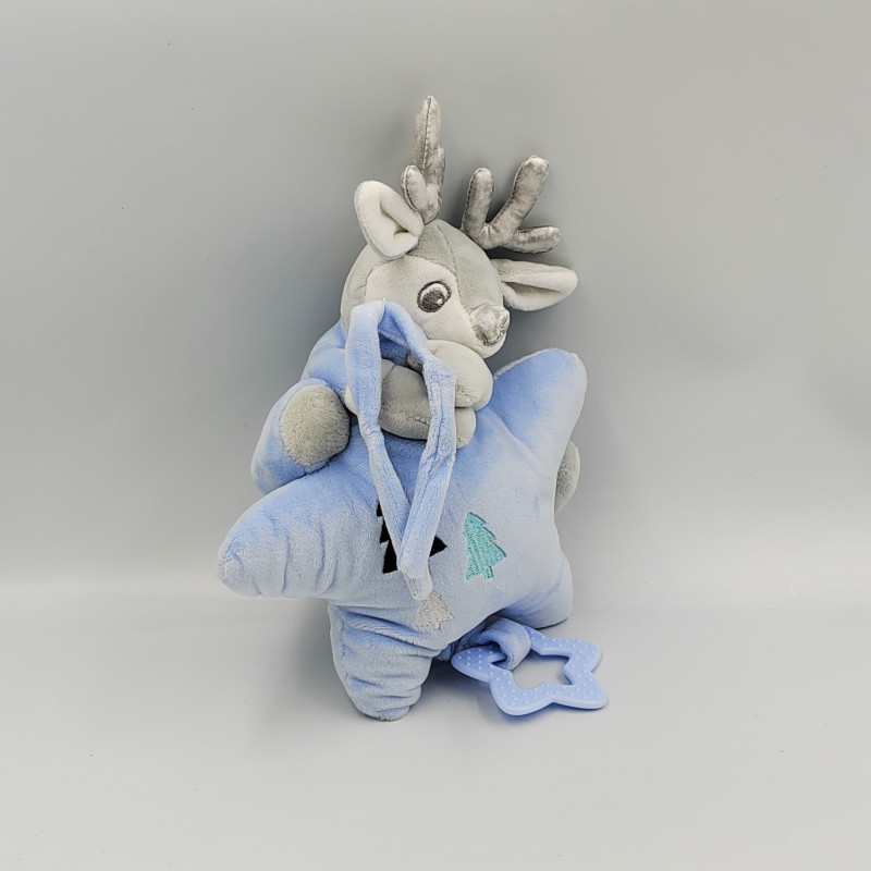 Doudou musical étoile cerf renne elan bleu gris TOM & KIDDY