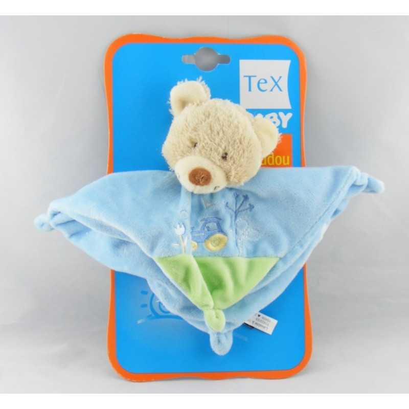 Doudou plat carré ours bleu vert tracteur TEX BABY